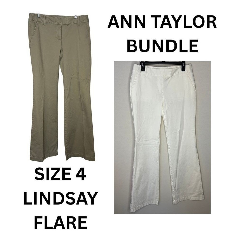 Ann Taylor Lindsay Flare Trouser Pants Bundle Size 4 Khaki White Neutral Minimal